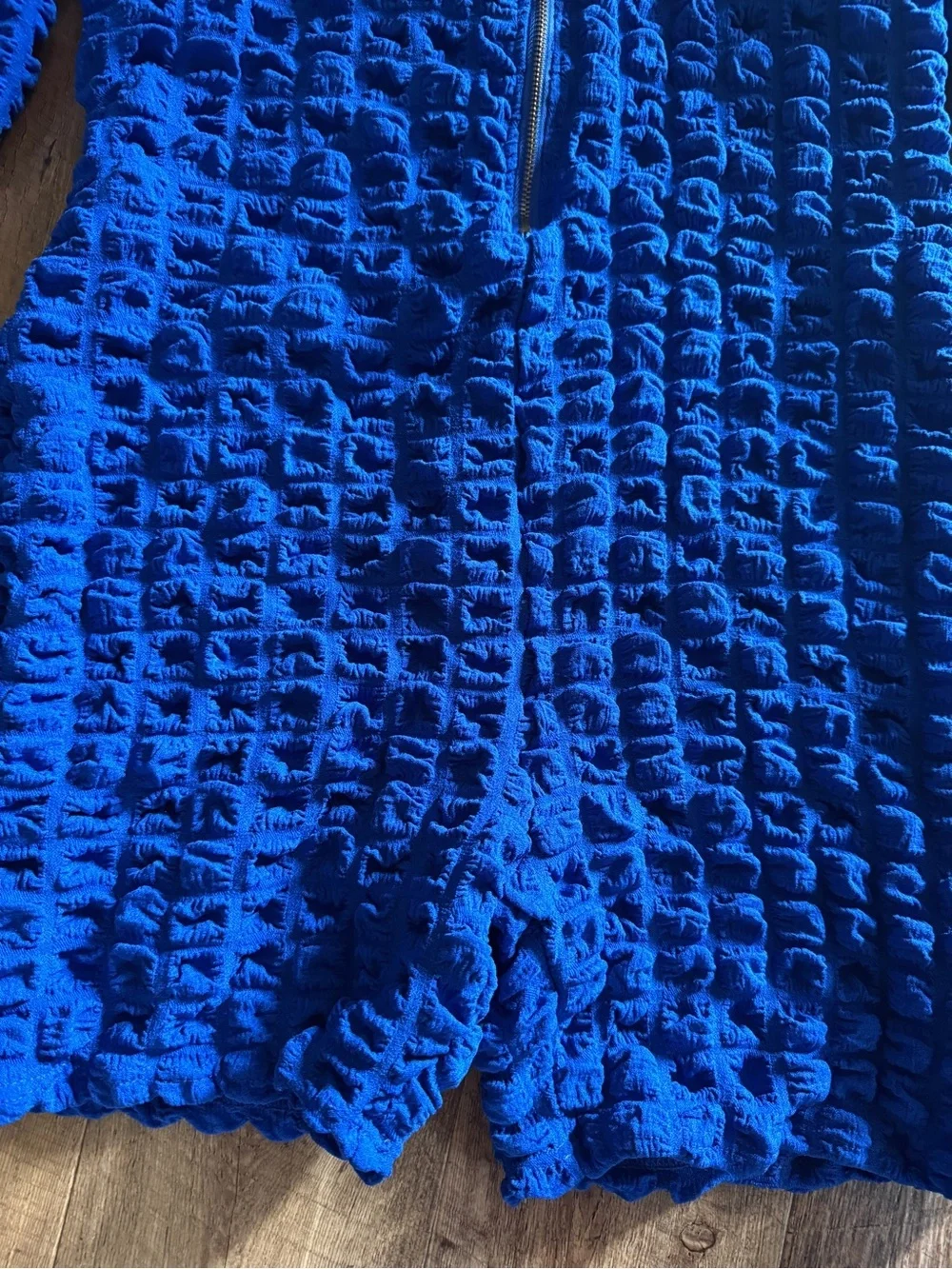Textured Zip-Front Royal Blue Romper Jumpsuit - Picture 4 of 8